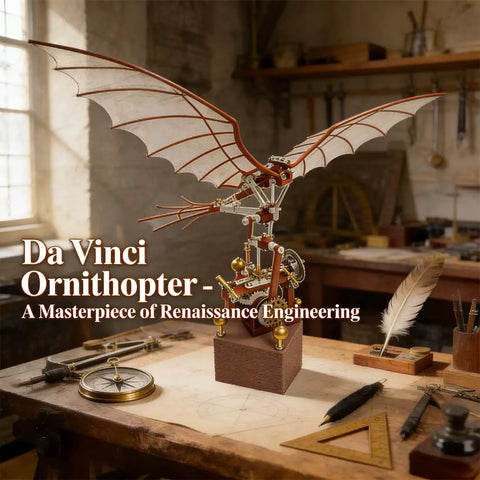 Da Vinci Flapping Wing DIY Model Kit 3D Metal Wind Up Ornithopter in workshop setting, showcasing detailed Renaissance design