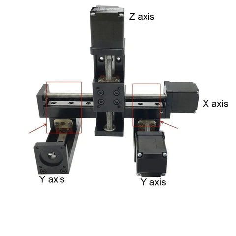 Hot Shot Cnc Gantry 3 Axis Xyz Linear Stage with T Type Slide and Linear Axis Featuring 50 to 300 Millimeter Stroke Options and Nema11 28 Millimeter Hybrid Stepper Motor for Sick Precision plus L Shaped Link Board for No Sweat Setup on Your Project with labeled X, Y, Z axes.
