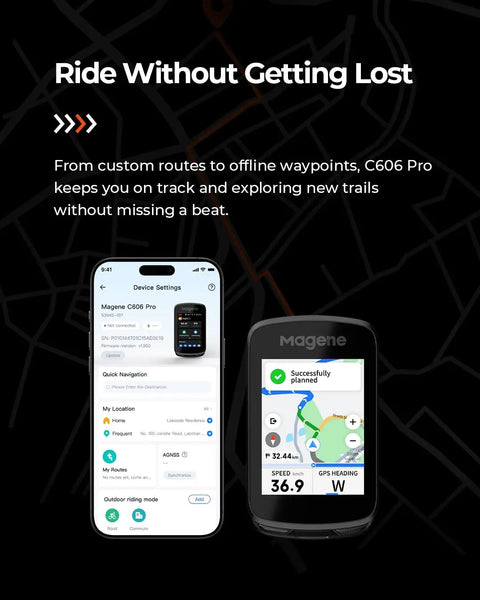 Pro GPS Bike Computer With 2.8 Inch Transflective Screen, 25 Hour Battery, shown with map navigation and app interface display