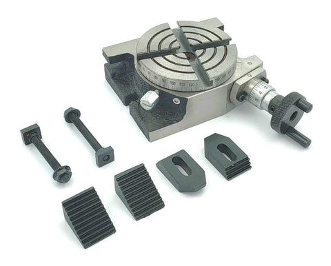 Beefy Three Inch Rotary Milling Table With M6 Clamp Kit For Milling Machines, showing 80mm table, T-slots, clamps, and bolts.
