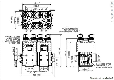 Technical drawing of Top Shelf Sw822 Replacement Contactor 48V DC 100 Amps with dimensions and specifications.