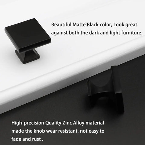 Six Pack Black Square Cabinet Knobs From Solid Zinc Alloy For Kitchen Cupboard Dresser And Bathroom One And One Tenth Inch Square Face Three Quarter Inch Projection Easy Fit Replacement Hardware Pulls displayed on black and white background.