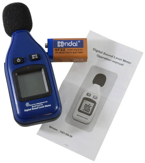Decibel Meter With Backlit Display 30 to 130 dBA Range MAX and MIN Hold 0.1 dBA Resolution 1.5 dBA Accuracy shown with battery