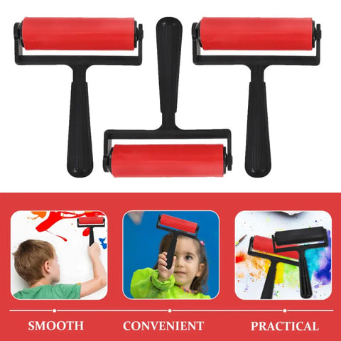 3 Pack Slick Glide Plastic Ink Rollers For Printmaking And Diamond Art Projects With Top Tier Build For Hassle Free Even Paint Spread And Legit Durable Home Craft Stamping Tool Set, featuring red plastic brayers.