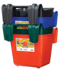 Stacked colorful Hook Over Feeder Buckets for Livestock And Pets, Mountable 15 Quart Black Plastic Feed Bucket, Made In USA