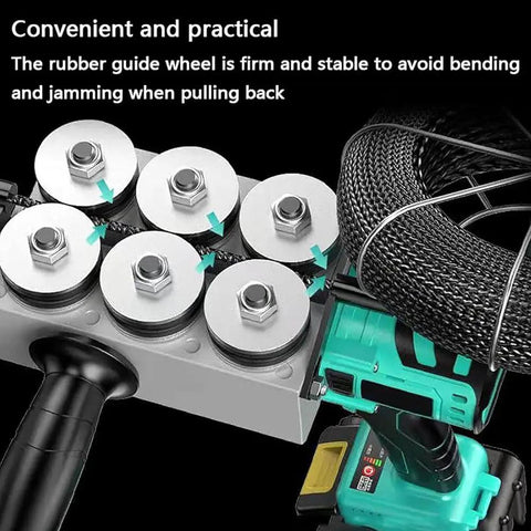 Close-up of Heavy Duty Cordless Electric Wire Cable Puller With Killer Torque, highlighting rubber guide wheels and 2000mAh battery.