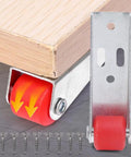 Top Shelf Set Of Four Stainless Steel Cabinet Door Rollers Paired With Heavy Duty Galvanized Track And Durable Plastic Gliders For Smooth As Butter Bottom Casters, showing roller and track.