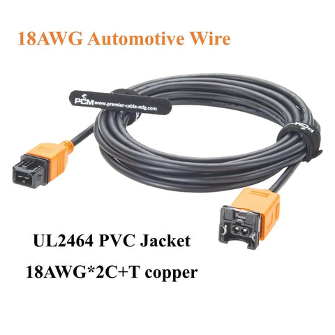Garage Tested Two Pin JPT Extension Cable With IP67 Sealed Male To Female Plugs 18AWG Copper Auto Wiring Harness Fourteen Foot Cord showing 18AWG automotive wire with orange connector.
