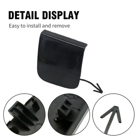 Infiniti Q50 Front Right Bumper Tow Eye Cover Cap Replacement For 2018 2019 2020, close-up of black plastic detail