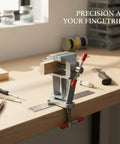 Compact Aluminum Bench Vise Clamp For Small Parts Portable Desktop Holding Tool For Precise Drilling And Filing Keeps Tiny Components Steady And Hands Free With A Sturdy Tightening Mechanism For A Secure Grip And Smooth DIY Assembly 1 Pack on a workbench holding wood