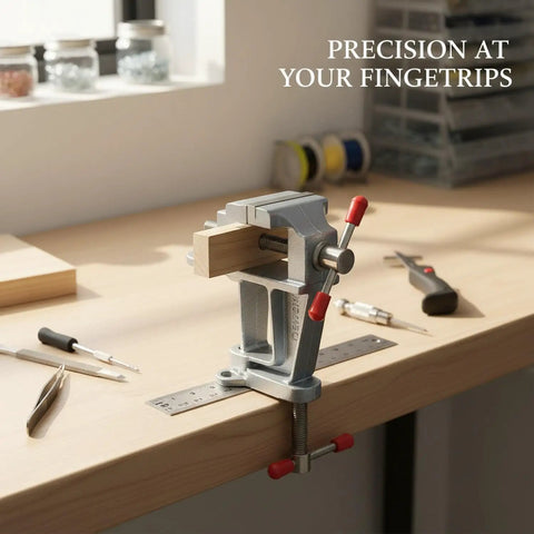 Compact Aluminum Bench Vise Clamp For Small Parts Portable Desktop Holding Tool For Precise Drilling And Filing Keeps Tiny Components Steady And Hands Free With A Sturdy Tightening Mechanism For A Secure Grip And Smooth DIY Assembly 1 Pack on a workbench holding wood