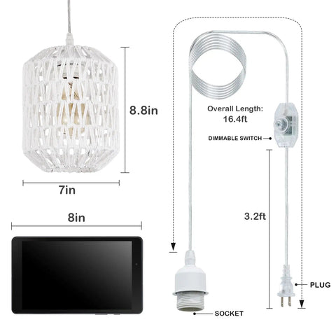 Plug In Pendant Light With LED Bulb Included, Rattan Wicker Boho Chandelier, 16ft Dimmable Cord, dimensions and parts shown