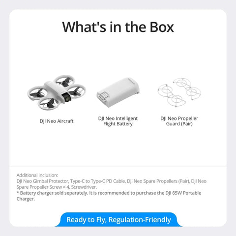 Image showing contents of the Neo Mini Drone package including aircraft, flight battery, and propeller guards.