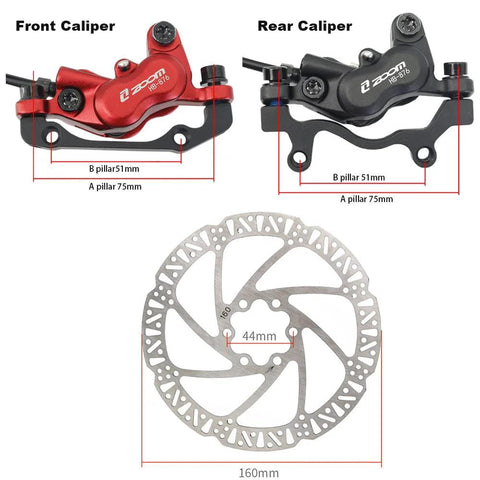 JFOYH Zoom HB876 4-piston hydraulic disc brake kit with 160mm rotor; front red caliper and rear black caliper