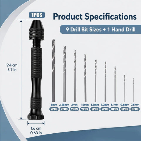 Badass Mini Micro Drill Bit Set With Tough Pin Vise And Slick Carburetor Jet Plus Jeweler Twist Bits From Point Five To Three Millimeters showing drill sizes and hand drill.