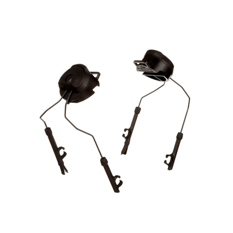 Black left and right side attachments for tactical headset rail mounts, helmet rail system adapter, secure integration visible.