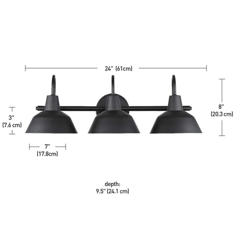 Five Piece Matte Black Bathroom Accessory Set With A 24 Inch Three Light Vanity Fixture E26 Base dimensions diagram