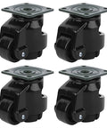 Heavy Duty 4 Piece Leveling Casters With Ratchet Handle For Industrial Machinery And Work Tables showing 4 black casters with 4-hole mounting plates.