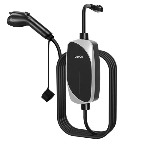 16 Amp Level 1 And Level 2 EV Charger With 25 Ft Cable, Portable Home Charging Station No Pro Needed, black and silver design