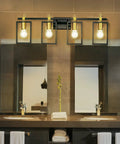 4 Light Bathroom Vanity Fixture With Black And Brass Finish 36 Inch Industrial Wall Mount Vanity Lighting in bathroom scene