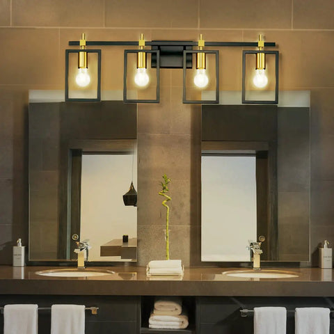 4 Light Bathroom Vanity Fixture With Black And Brass Finish 36 Inch Industrial Wall Mount Vanity Lighting in bathroom scene