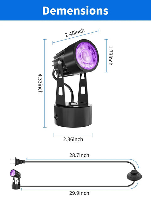 Indoor LED Spotlight 3W Accent Light for Plants and Artwork, Warm White 3000K, 6 ft cord, dimension details with base and plug.