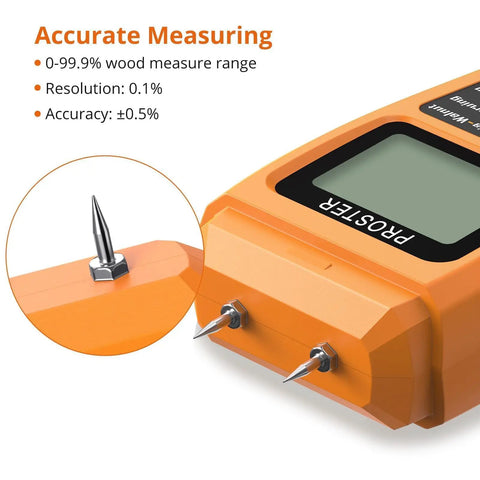 Close-up of wood moisture meter digital pin type moisture detector showing metal pins and display, ideal for woodworkers.