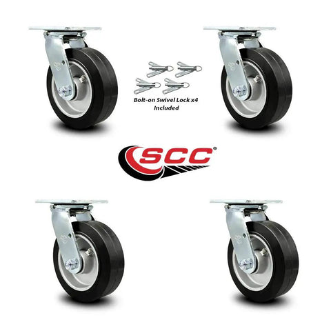 Roll Smooth And Hold The Line With This Heavy Duty Six Inch Caster Set Of Four with rubber wheels and stainless plates.