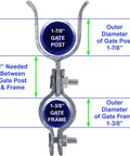 Heavy Duty Galvanized Fork Latch For Chain Link Fences Fits 1 3 8 Inch Frame And 1 7 8 Inch Post With Padlock Hole To Lock Down Your Yard Comes In A No Fuss Bulk Case Of 25 Pieces Ready For Quick Install, detailed diagram showing dimensions and fittings.