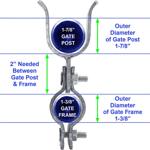 Heavy Duty Galvanized Fork Latch For Chain Link Fences Fits 1 3 8 Inch Frame And 1 7 8 Inch Post With Padlock Hole To Lock Down Your Yard Comes In A No Fuss Bulk Case Of 25 Pieces Ready For Quick Install, detailed diagram showing dimensions and fittings.
