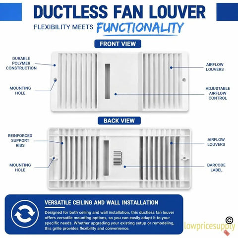 Front and back view of ductless fan louvers for Quiet Ductless Bathroom Exhaust Fan Kit With Grille And Unscented Filter Cartridge.