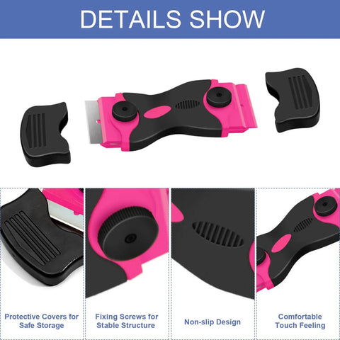 Two Pack Double Edged Razor Blade Scraper Tool Kit With 30 Blades, pink handle, non-slip design, protective covers shown.