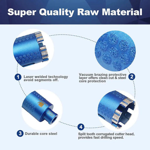 2 Inch Diamond Core Drill Bit Laser Welded Hole Saw With Five Eighths Eleven Thread For Granite Marble Hard Stone Reinforced Concrete Dry Or Wet Drilling 50mm Length - features highlights on laser welding, vacuum brazing layer, durable core steel, and split tooth cutter head.