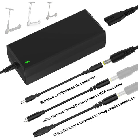 42V 2A Scooter Charger 4 In 1 Removable Connector For 36V Pocket Mod And Sports Mod Lithium Battery Compatible With Gotrax Ninebot Hiboy Electric Scooters Charger, showing charging unit with multiple connectors
