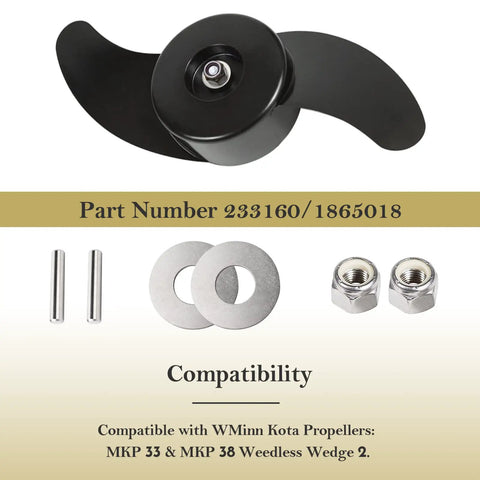 Prop And Nut Kit E For MKP-34 Compatible With MKP-33 And MKP-38 Trolling Motors showing propeller, pins, washers, and nuts