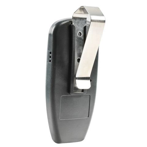 Back view of Marantec M3 2312 315 MHz Two Button Remote With Programming Pin for garage door opener showing metal clip