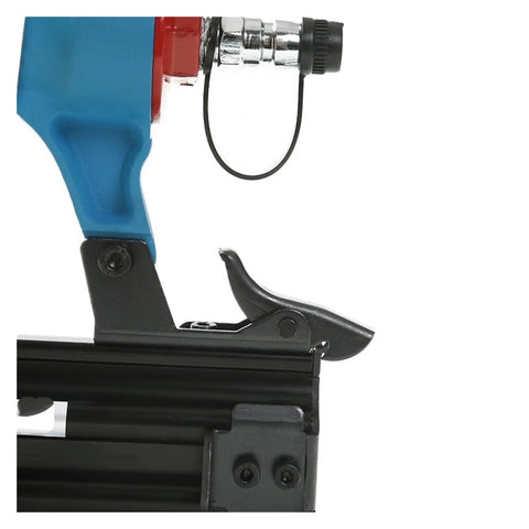 Lightweight Oil Free Pneumatic Staple Gun And Straight Nail Tool Pro Brad Nailer For Woodworks No Fuss Heavy Duty Build Handle and trigger close-up.