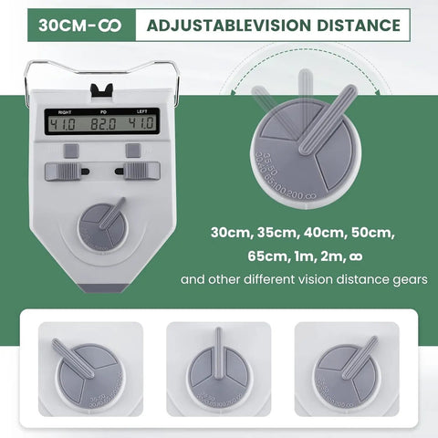 Next-Level Pupillometer with adjustable nose pad and brightness control showing vision distance gears from 30cm to infinity
