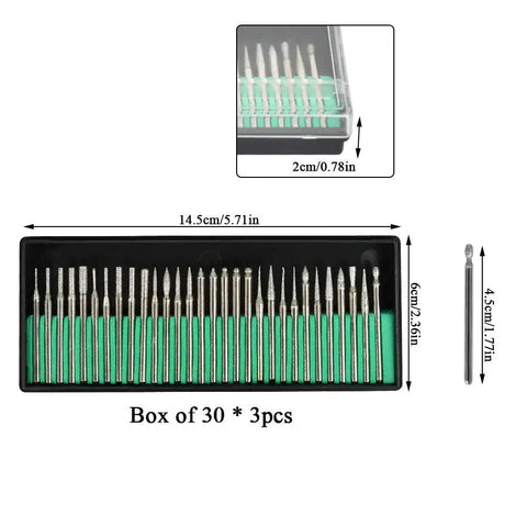 90 Pc Diamond Burr Bits Kit For Engraving And Carving On Glass Gemstone Metal, 30 styles in a box, shown with measurements.