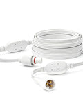 Heavy Duty Thirty Two Foot Outdoor Permanent Lighting Extension Cord Featuring Built In Voltage Booster Delivering Hella Smooth Power To Kick Flicker Issues To The Curb Today, shown with white insulation and clear connectors.