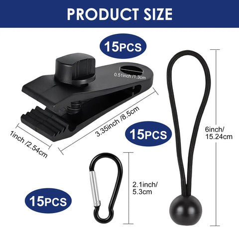 Heavy Duty Tarp Clips 45 Piece Set with Elastic Rope and Lock Grip Clamps size details