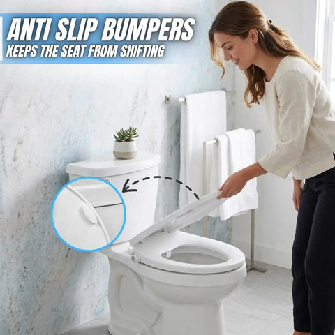 Woman installing a round bidet toilet seat with adjustable self cleaning nozzles, anti slip bumpers, non electric bidet seat.