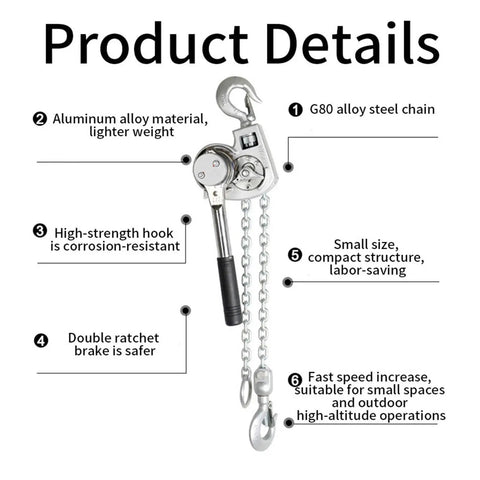 Rugged Aluminum Manual Lever Chain Hoist With Comfort Grip For No Sweat Heavy Lifting Low Headroom Flexibility And Smooth Top Shelf Hauling Up To 3300 Pounds