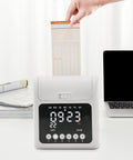 Heavy Duty Time Clock Punch Machine Bundle Includes Fifty Cards For Small Business And Office Password Unlocked Attendance Tracker with card being inserted.