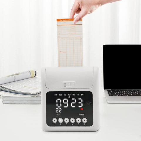 Heavy Duty Time Clock Punch Machine Bundle Includes Fifty Cards For Small Business And Office Password Unlocked Attendance Tracker with card being inserted.