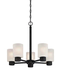 Five Light Indoor Chandelier in Oil Rubbed Bronze with Frosted Glass, Ideal Dining Room or Living Room Fixture, sloped ceiling compatible