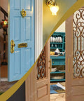 Top Tier 1/12 Scale Dollhouse Accessories Kit With Legit 700 Pieces Of Mini Knobs Hinges Handles And Locks Plus Screws And Screwdriver For Pretty Dang Cool Furniture Fixes And Sweet Tiny Craft Projects. Blue and wooden doors showcasing detailed knobs and hinges.