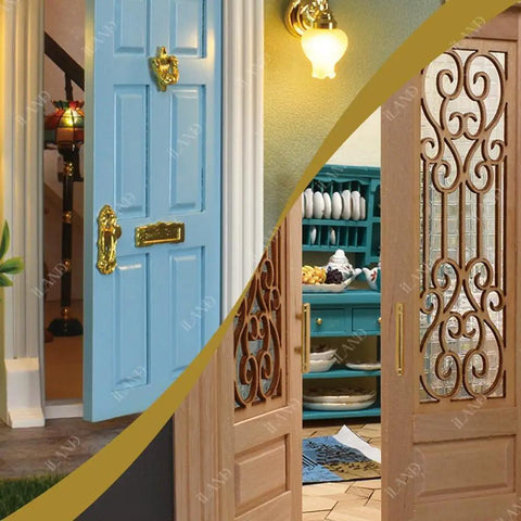 Top Tier 1/12 Scale Dollhouse Accessories Kit With Legit 700 Pieces Of Mini Knobs Hinges Handles And Locks Plus Screws And Screwdriver For Pretty Dang Cool Furniture Fixes And Sweet Tiny Craft Projects. Blue and wooden doors showcasing detailed knobs and hinges.