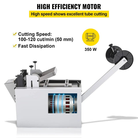 Electric Heat Shrink Tube Cutter With 250W Motor And Micro Computer Control Precision, showing 350W motor and cutting mechanism.