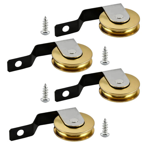 Four Pack Heavy Duty Steel Sliding Screen Door Rollers Replacement With Precision Ball Bearing Wheels showing three yellow wheels and screws.